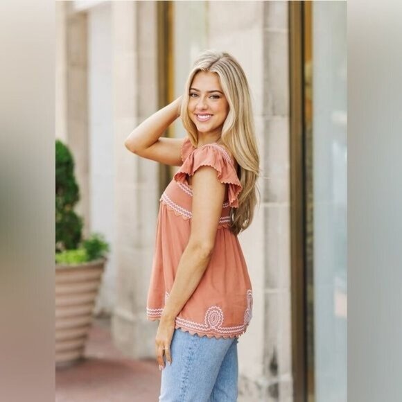 J.Marie The Ryan Top XS, S, M, L Burnt Orange, White Embroidered Texas Longhorns - Picture 6 of 7